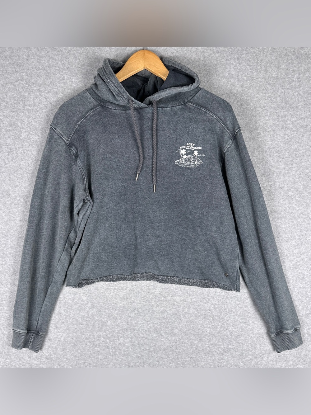 Roxy Finding Paradise Hoodie Womens L Gray Cropped Surf Beach Graphic Pullover